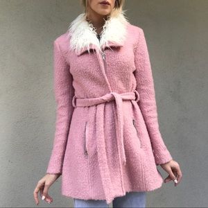 Barbie Pink Coat With Waist Tie And Fur Trim